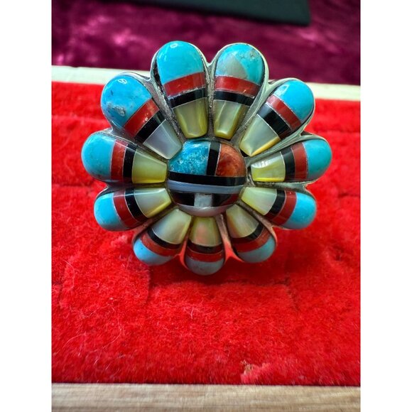 Zuni Sun Ring Size 8 Adjus. 925 Sterling Silver W/ Inlay Turquoise Onyx Coral - Picture 5 of 7